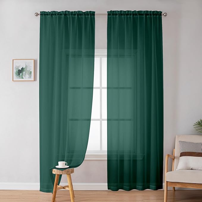 OWENIE Green Sheer Curtains 84 Inches Long for 2 Panels Set for Christmas, Solid Light Filtering Fimly Voile Sheer Curtains for Living Room Bedroom, Hunter Green, 42"x84"