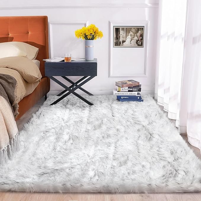 ORINOVA White and Grey Rug 8x10 Area Rugs for Living Room Machine Washable Shag Faux Sheepskin Furry Fur Rug Large Nursery Rectangle