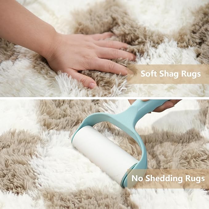 Checkered Area Rugs for Living Room 6x9, Fluffy Beige and White Checkered Rug Fuzzy Shag Shaggy Carpets for Bedroom, Soft Plush Furry Rug for Boy Girls Room Dorm Home Decor