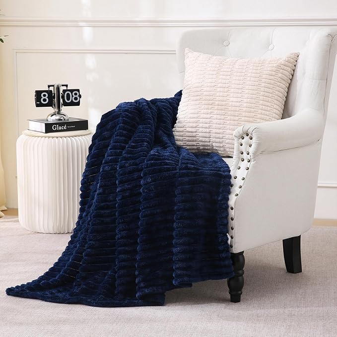 Navy Blue Fleece Throw Blanket 60”×80” for Couch Sofa Bed,Super Soft Cozy Plush Microfiber Flannel Blanket with Stripes Design Lightweight for Adults,Woman,Girls