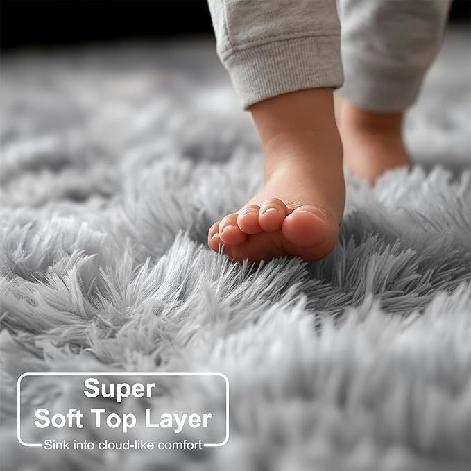Amdrebio Tie-Dyed Light Grey Round Rugs for Living Room, 8x8 Rug, Extra Large Circle Area Rug for Bedroom, Soft Fluffy Carpet, Modern Floor Circular Rug, Big Shaggy Farmhouse Rug for Apartment