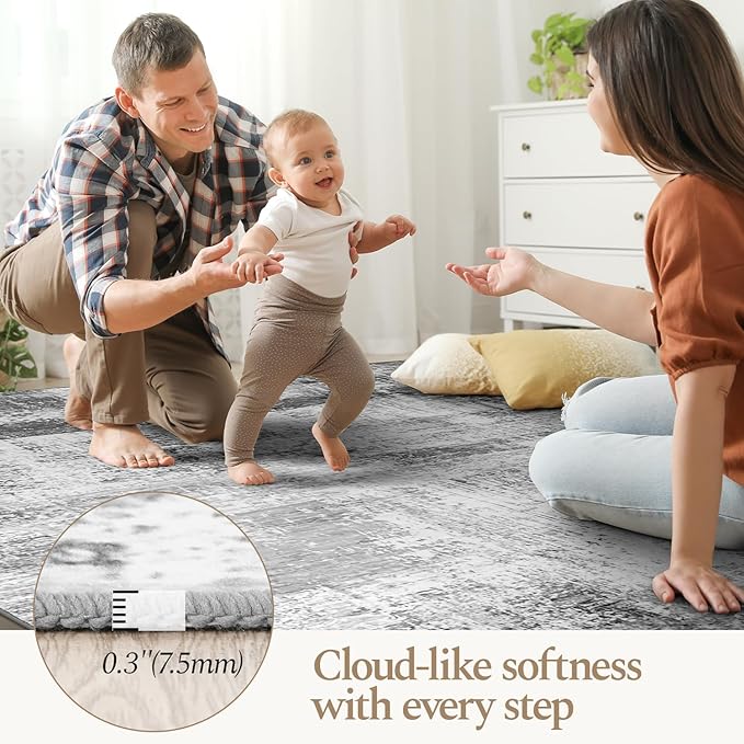 Rugflix 6x9 Large Area Rugs for Living Room, Abstract Washable Rug, Non-Slip, Stain Resistant, Soft Low Pile Carpet, Indoor Grey Rug for Bedroom, Dining Room, Home Office