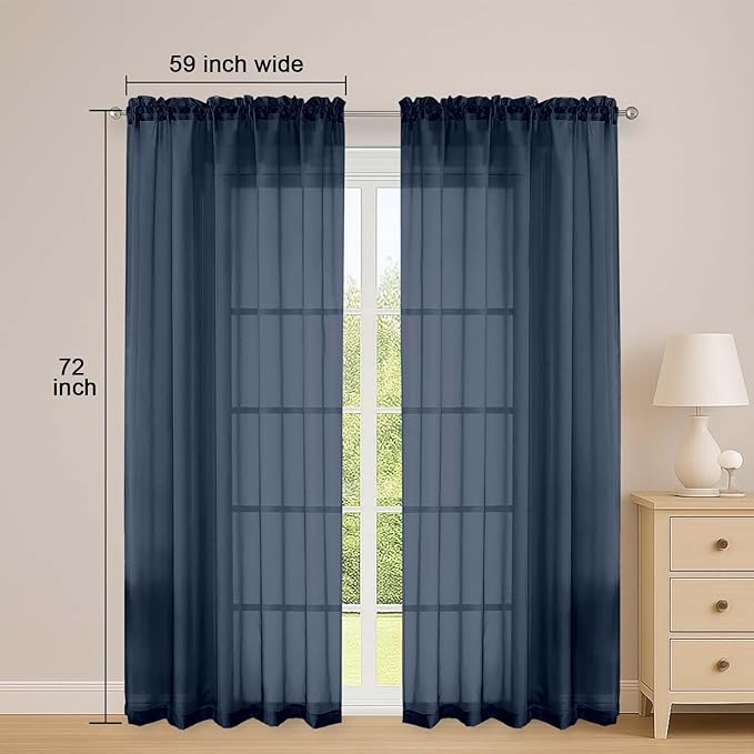 OWENIE Navy Blue Sheer Curtains 72 Inches Long 2 Panels Set, Transparent Voile Sheer Curtain for Living Room Bedroom Window Sliding Glass Door Treatment, 59 x 72 Inch, Navy Blue
