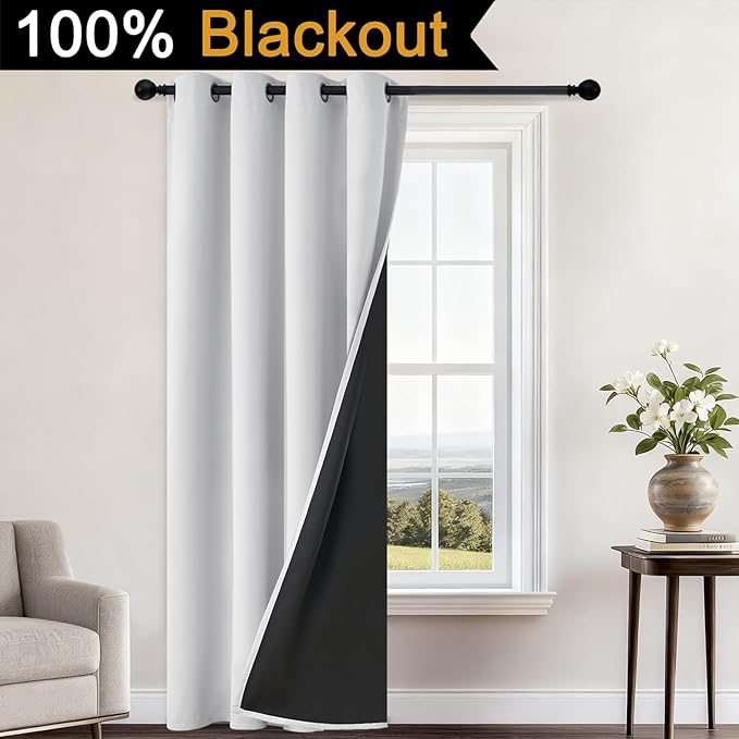 Yakamok 100% Blackout Curtains 96 Inches Long, 2 Thick Layers Heat and Full Light Blocking Soft Thermal Insulated Drapes for Bedroom(52" Wide Each Panel, Greyish White, 1 Panel)