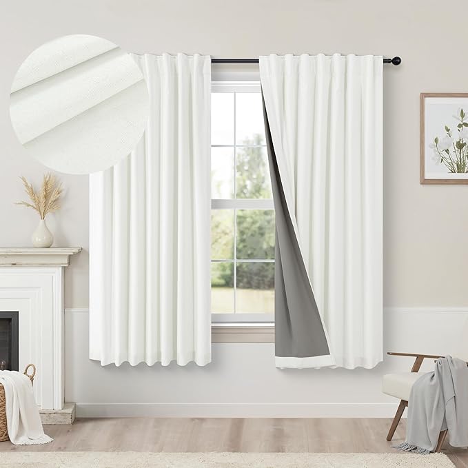 Pitalk Short Linen Textured Blackout Curtains for Kitchen Door 45 Inch Length Bedroom Living Room Bathroom Heat Light Blocking Cute Curtain 45 Inch Long 2 Panel Set Ivory Off White Back Tab Rod Pocket