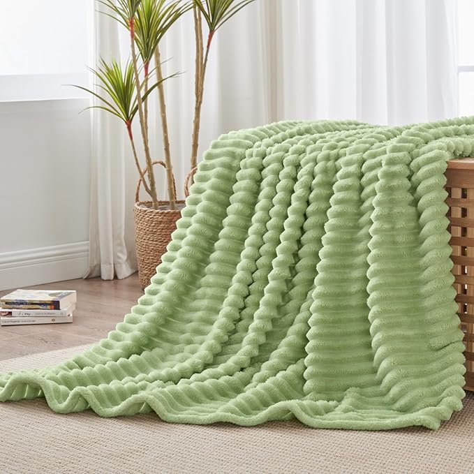 BEDELITE Fleece Throw Blanket for Couch - 300GSM Soft & Warm Fluffy Sage Green Blanket, Decorative and Giftable Striped Blankets for Women, Men, 50"x60"