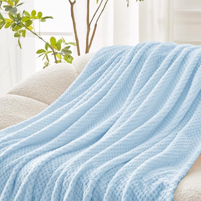 Exclusivo Mezcla Fleece Throw Blanket Extra Large, Super Soft and Warm Blankets for Couch, Sofa and Bed Waffle Textured, Cozy, Fuzzy and Lightweight (Light Blue, 50x70 Inches)