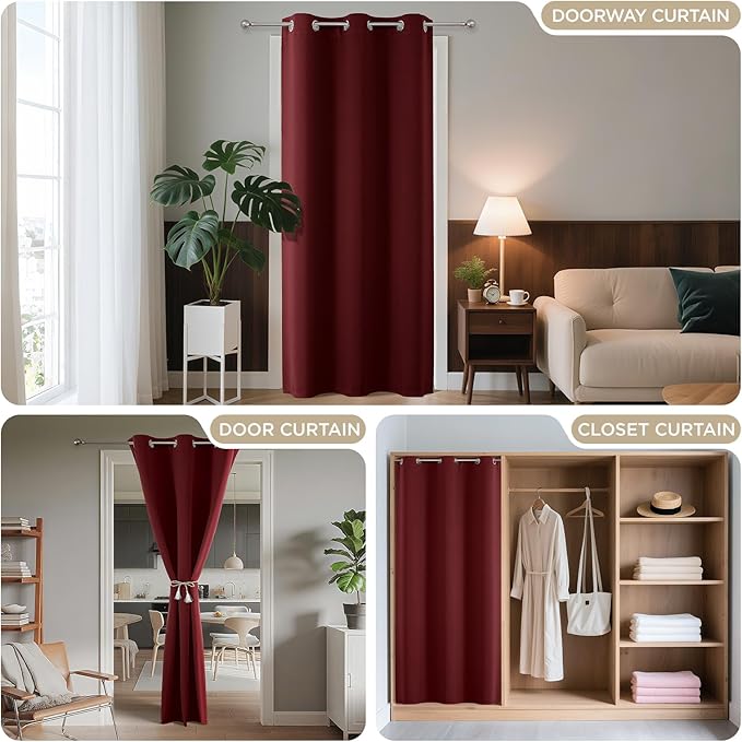 Joydeco Blackout Door Curtain for Doorway Privacy 96 Inches Long, Grommet Closet Curtain for Open Closet, Room Divider for Bedroom Living Room (Burgundy Red, 52Wx96L, 1 Panel)