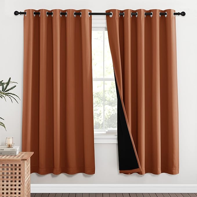 NICETOWN 100% Blackout Window Curtain Panels, Cold and Full Light Blocking Drapes with Black Liner for Nursery, 84 inches Drop Thermal Insulated Draperies (Burnt Orange, 2 PCs, 62" Wide Each Panel)