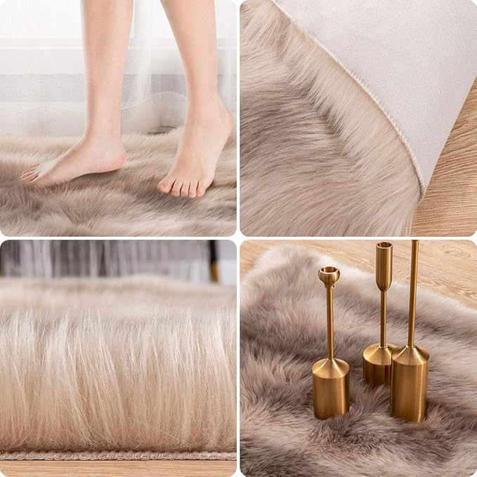 Carvapet 3x3ft Brown Faux Fur Area Rug Irregular Shaped Rug Soft Fluffy Reindeer Hide Imitation Rug, Decorative Throw Carpet for Bedroom Living Room, Plush Floor Mat for Home Decor
