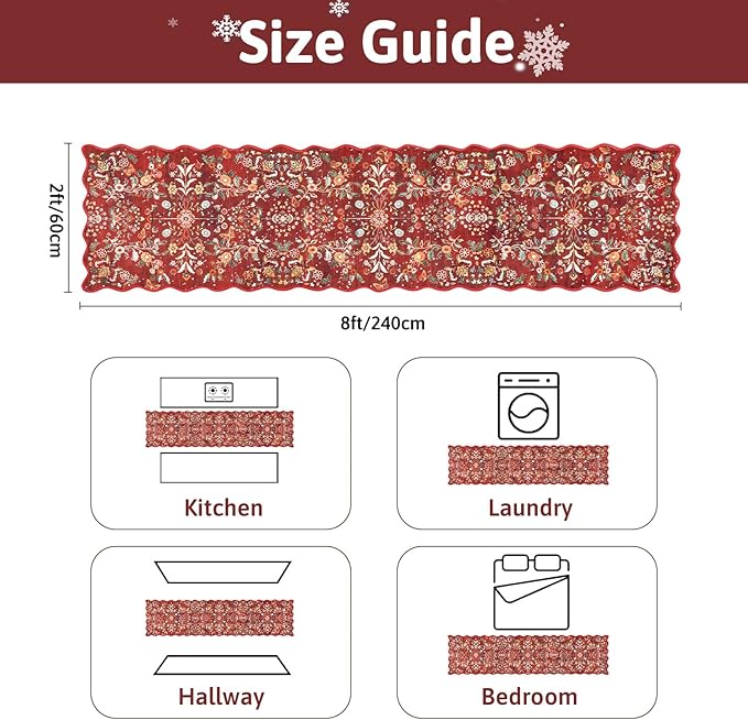 Yamaziot Christmas Runner Rug 2x8 – Red Floral Washable Non-Slip Carpet Runner Christmas Holiday Decor, Soft Low Pile Christmas Rug for Hallway, Kitchen, Entryway