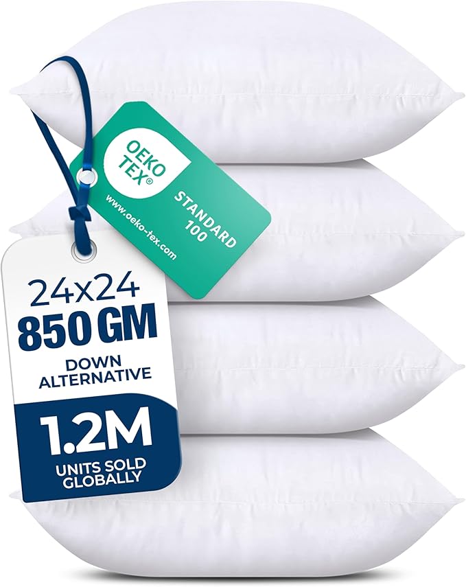Utopia Bedding Throw Pillows (Set of 4, White) – 24 x 24 Inches Down Alternative Pillows for Bed, Sofa, and Couch - Fluffy Decorative Stuffer Pillow for Indoors & Outdoors