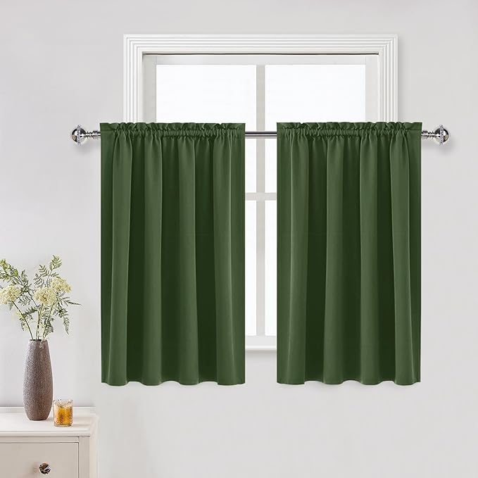 DWCN Blackout Curtains for Living Room Thermal Insulated, Energy Saving & Noise Reducing Bedroom Curtains, Olive Green, W 52x L 36 Inch, Set of 2 Rod Pocket Curtain Panels