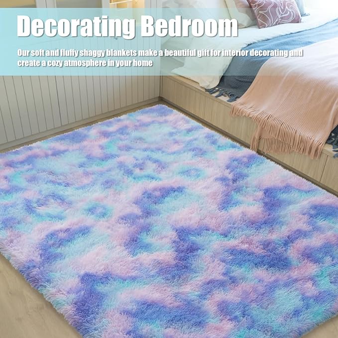 Shag Area Rug for Bedroom 3x5,Fluffy Area Rugs for Living Room,Soft Fuzzy Rug Non-Shedding Indoor Plush Carpet for Kids Bedroom Nursery Dorm Home Decor,Rainbow Purple