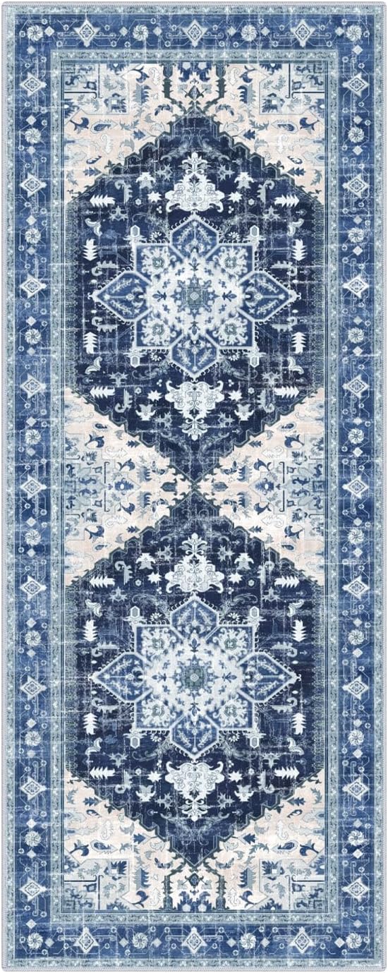 Yamaziot Washable Runner Rug, 2x5 Non-Slip Boho Vintage Hallway Rug Runner with Rubber Backing, Stain Resistant & Low Pile Faux Wool Distressed Carpet Runner for Kitchen, Laundry, Entrance, Blue
