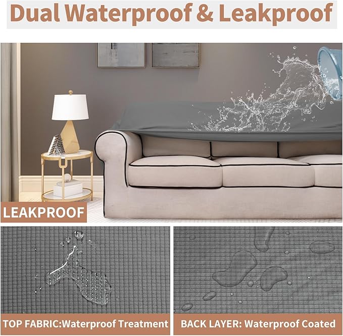 Easy-Going 100% Waterproof Couch Cover, Dual Waterproof Sofa Cover, Stretch Jacquard Sofa Slipcover, Leakproof Furniture Protector for Kids, Pets, Dog and Cat (Oversized Sofa, Grey)