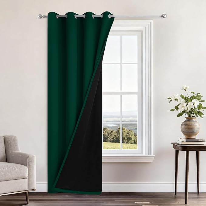 Yakamok 100% Blackout Curtains 96 Inches Long, 2 Thick Layers Heat and Full Light Blocking Soft Thermal Insulated Drapes for Bedroom(52" Wide Each Panel, Green, 1 Panel)