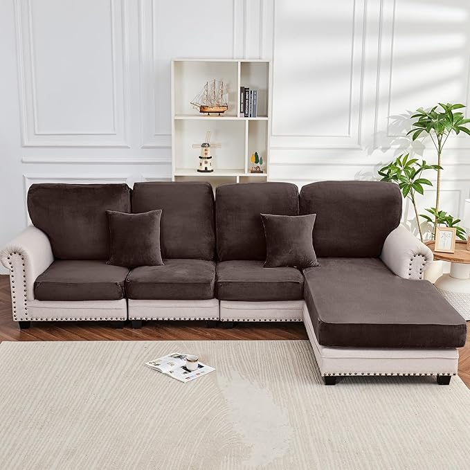 Couch Cover 4-Piece Elastic Velvet Couch Cushion Covers & Chaise Slipcovers for L-Shaped Sofas - Sofa Seat Covers Washable, Soft Protector for Couches (3 Seater + Chaise, Coffee)