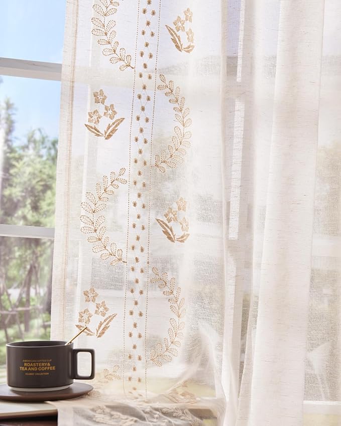jinchan Belrose Linen Sheer Curtains for Living Room 63 Inch Length Sheer Voile Embroidered Floral Curtains for Bedroom Light Filtering Rod Pocket Window Treatments Farmhouse Decor 2 Panels Beige