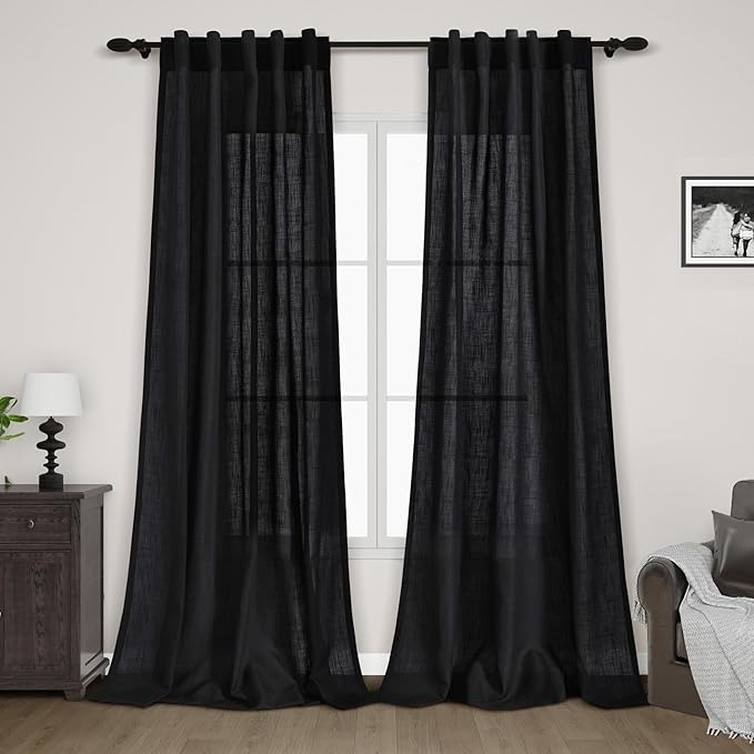 Black Linen Curtains 102 Inches Long for Living Room 2 Panel Set Back Tab Rod Pocket Semi Sheer Curtains Light Filtering Burlap Extra Long Drapes Neutral Farmhouse Decor for High Window 40x102