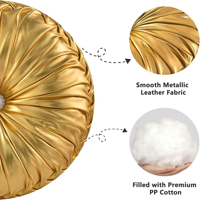 HIG Set of 2 Handcrafted Gold Ruched Round Throw Pillows – 14.5’’ Metallic Leather Decorative Pillows with Soft Polyester Filling for Couch, Bed, Living Room, Bedroom, or Dorm