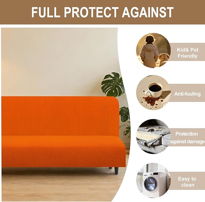 U-NICE HOME Stretch Futon Cover Armless Bed Slipcover - Soft Jacquard Fabric Washable for Pet Friendly, Orange