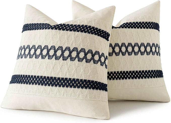 MIULEE Set of 2 Navy Blue Boho Decorative Pillow Covers 18x18 Inch Farmhouse Rustic Couch Throw Pillows Modern Spring Cotton Cushion Covers Retro Cute Macrame Woven Home Decor for Bed Sofa Chair