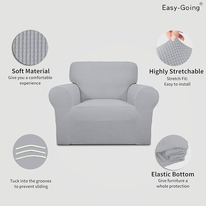 Easy-Going Stretch Chair Sofa Slipcover 1-Piece Couch Sofa Cover Furniture Protector Soft with Elastic Bottom for Kids, Pet. Spandex Jacquard Fabric Small Checks (Chair, Silver Gray)