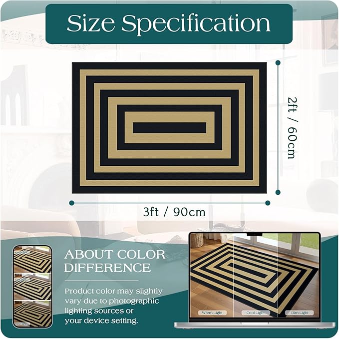 Front Door Mat Outside Entrance - 2x3 Modern Non-Slip Washable Doormat Indoor Outdoor Entrance Black Tan Geometric Bordered Rug Small Throw Rugs for Entryway Bedroom Kitchen Front Porch Decor