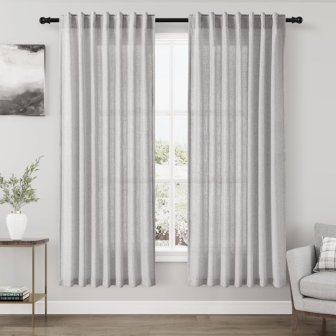 Nanspring Grey Linen Semi Sheer Curtains 72 Inches Long 2 Panels Set for Bedroom Back Tab Rod Pocket Light Filtering Drapes Cotton Textured Grey Farmhouse Living Room Curtain 52X72 Inches