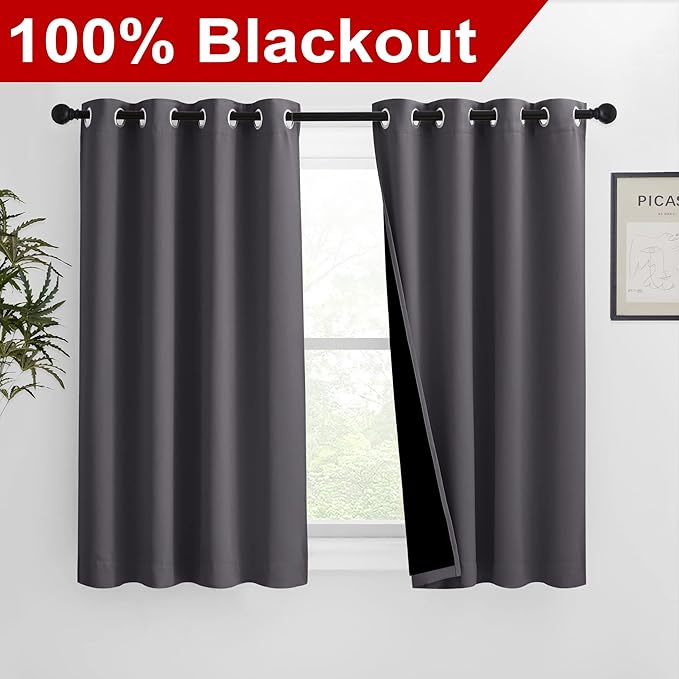NICETOWN 100% Blackout Curtains with Black Liners, Solid Thermal Insulated Full Blackout 2-Layer Lined Drapes, Energy Efficiency Window Draperies for Bedroom (2 Panels, 46" W by 54" L, Grey)