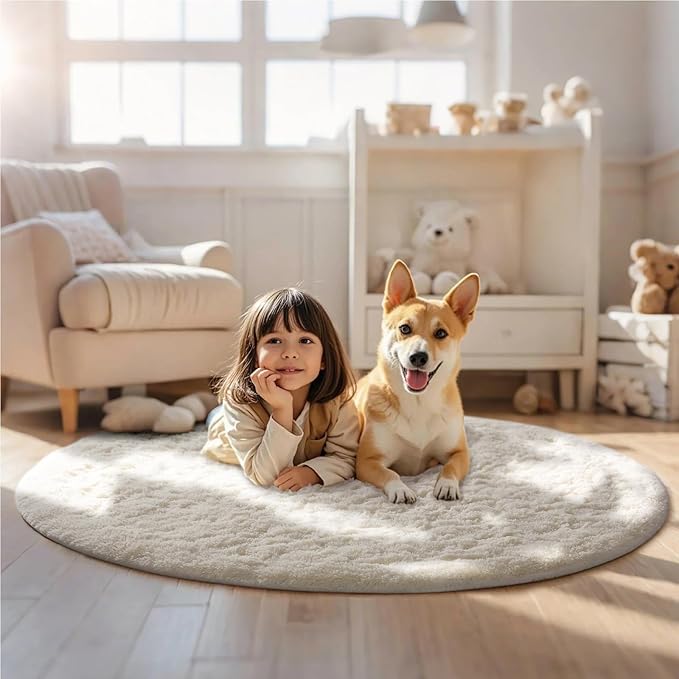 Ophanie Round Rugs 5Ft Ivory Circle Area Rug, Nursery Room Decor, Christmas Aesthetic Bedroom Home Circular Carpet 5 Foot, Fluffy Fuzzy Shag Plush Cream Living Room Rugs for Kids Boys Girls Teen Baby