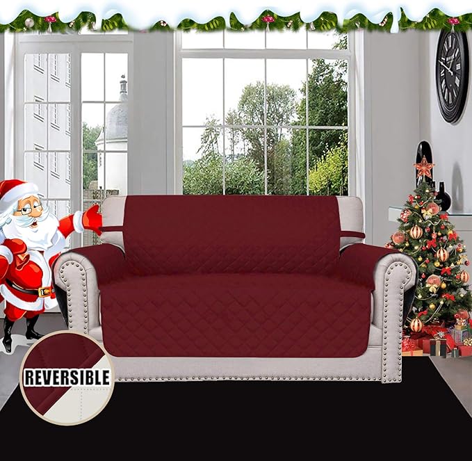 Easy-Going Reversible Loveseat Couch Cover for 2 Cushion Couch Sofa Cover for Dogs Water Resistant Furniture Protector with Foam Sticks Elastic Straps for Pet (Loveseat, Christmas Red/Ivory)