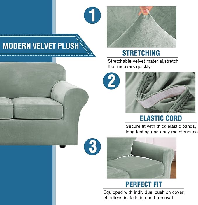 H.VERSAILTEX High Stretch Sofa Slipcover 4 Piece Cover Velvet Furniture Protector Form Fit Thick Velvet Extra Large Sofa Cover for 3 Cushion Couch Width Up to 97 Inch (Large Sofa, Sea Grass)