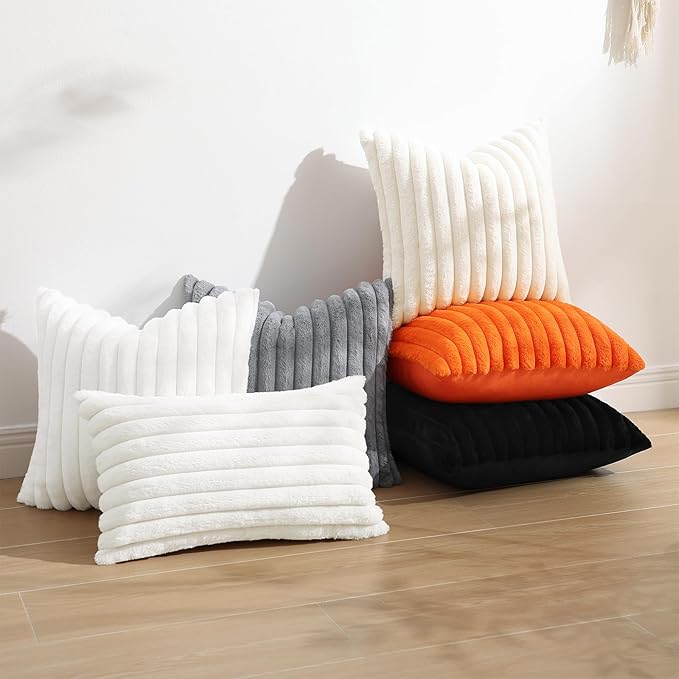 decorUhome Cozy Faux Fur Throw Pillow Covers 20x20 Set of 2 Decorative Soft Plush Striped Modern Farmhouse Boho Couch Pillow Cases with Velvet Back for Sofa Bed Living Room, Black