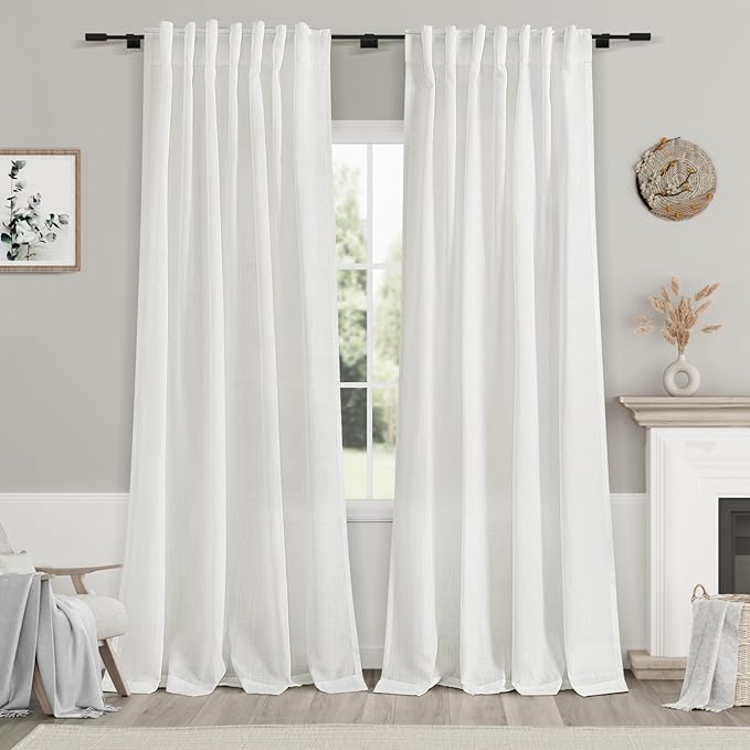 Extra Long White Linen Curtains 108 Inches Long 2 Panels Set for Living Room Back Tab Modern Farmhouse Decor Cotton Textured Off White Sheer Linen Curtains 108 Inch Length for Large Window 70x108