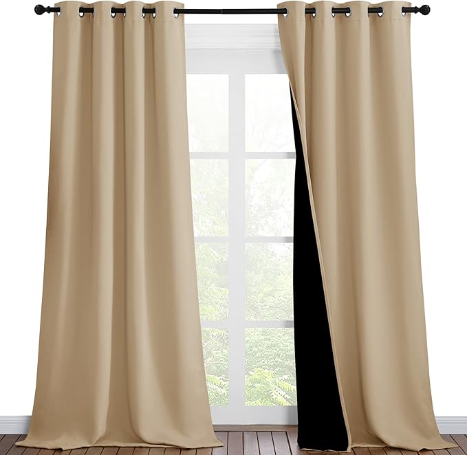 NICETOWN Living Room Completely Shaded Draperies, Privacy Protection & Noise Reducing Black Lined Insulated Window Treatment Curtain Panels for Patio Door (Set of 2 Pcs, W46 x L90, Biscotti Beige)