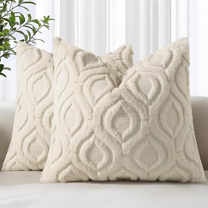 decorUhome Throw Pillow Covers 12x12 Inch Set of 2, Soft Plush Decorative Faux Fur Beige Solid Couch Pillow Covers, Accent Farmhouse Neutral Square Pillow Cases for Sofa Bed Living Room