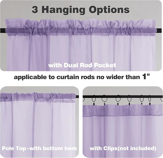Chyhomenyc Lilac Sheer Curtains 45 Inch Long 2 Panels, Light Filtering Rod Pocket Voile Short Curtains Drapes for Living Room Bedroom Small Windows, 42Wx45L Inches