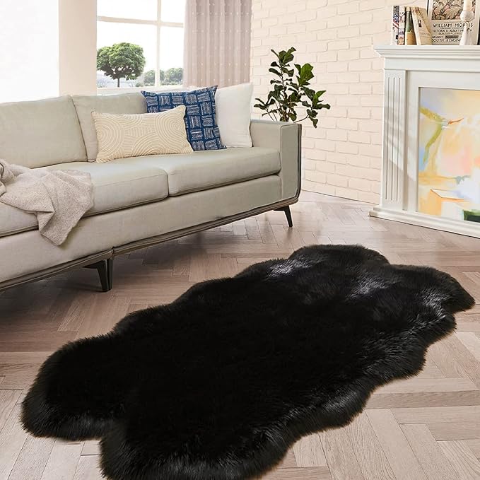 ORINOVA Black Shag Faux Fur 4x6 Area Rugs for Bedroom Washable Fuzzy Sheepskin Fur Rug for Living Room Nursery Rug