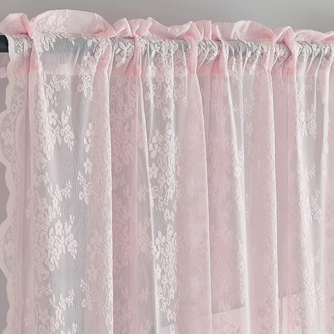 YJ YANJUN Vintage Lace Curtains Short Pink Floral Curtains 54 inch Length 2 Panels for Kitchen Living Room Bedroom Bathroom Window Voile Sheer Panels Baby Girl Nursery Decor 52" W x 54" L, Pink