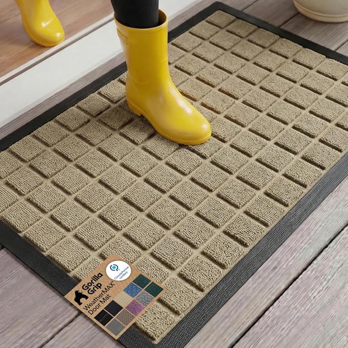 GORILLA GRIP 100% Waterproof All-Season WeatherMAX Doormat US Designed Natural Rubber, Stain and Fade Resistant, Low Profile Indoor Outdoor Door Mats, Easy Clean Patio Mat, 29x17, Taupe Grid