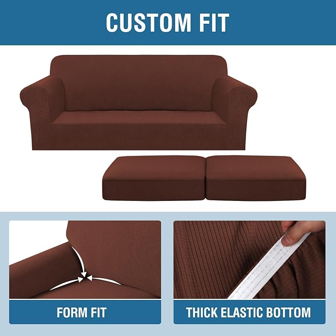 H.VERSAILTEX 3 Piece Stretch Sofa Covers for 2 Cushion Sofa Couch Covers for Living Room Sofa (Base Cover Plus 2 Seat Cushion Covers) Thicker Jacquard Fabric (Large Sofa, Burnt Brick)