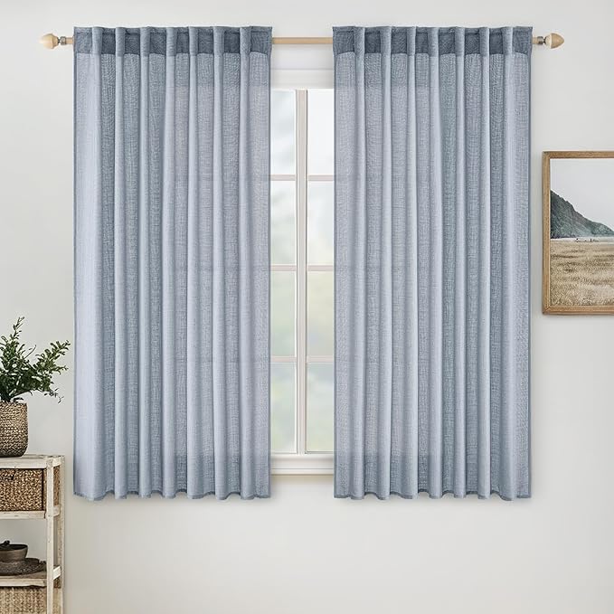 MIULEE Chambray Blue Linen Curtains 54 Inch Length 2 Panels for Bedroom Living Room, Soft Linen Textured Window Drapes Semi Sheer Light Filtering Back Tab Rod Pocket Farmhouse Modern Burlap Look Decor