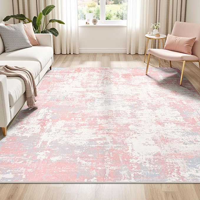 Rugflix 5x7 Area Rugs for Living Room, Washable Large Rug Stain-Resistant Low Pile, Modern Carpet for Dining Room Home Office Kid Room Nursery Bedroom, Pink Grey