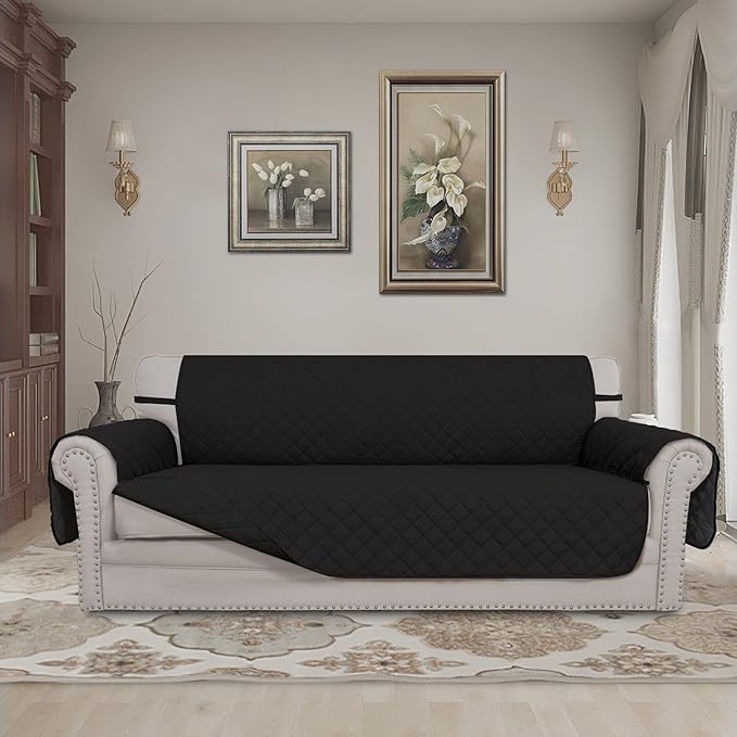 Easy-Going 4 Seater Sofa Slipcover Reversible Sofa Cover Water Resistant Couch Cover with Foam Sticks Elastic Straps Furniture Protector for Pets Children Dog Cat (XX-Large, Black/Black)