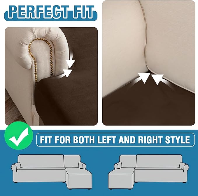 Couch Cover 8-Piece Elastic Velvet Couch Cushion Covers & Chaise Slipcovers for L-Shaped Sofas - Sofa Seat Covers Washable, Soft Protector for Couches (7 Seater + Chaise, Coffee)