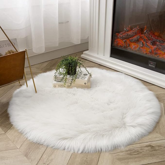 Latepis White Round Rug 3ft Faux Sheepskin Fur Fluffy Circle Rugs for Living Room Washable Rug for Bedroom Teen Room Dorm Cute Room Rug