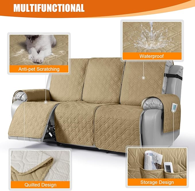 VANSOFY Waterproof Recliner Couch Covers, Sofa Covers 1-Piece Washable Reclining Sofa Cover Non-Slip Furniture Protector with Elastic Straps Pocket for Dogs, Pets(Sand,3 Seater)
