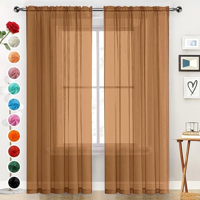 SpaceDresser Basic Rod Pocket Sheer Voile Window Curtain Panels Light Brown 1 Pair 2 Panels 52 Width 54 Inch Long for Kitchen Bedroom Children Living Room Yard（Light Brown, 52W x 54L）